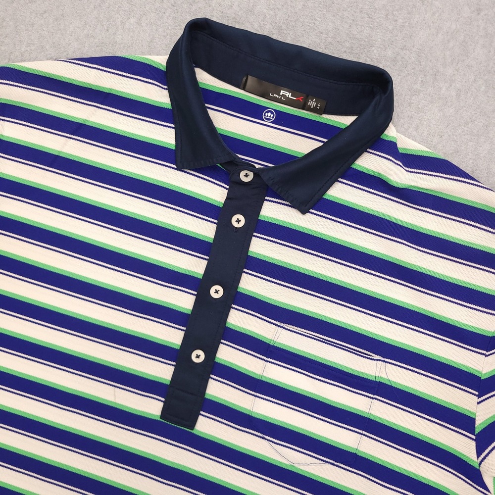 RLX Ralph Lauren Golf Polo Shirt Mens Large Blue Green Striped Short Sleeve